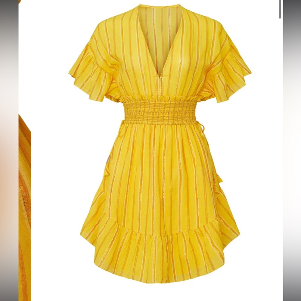 Saylor Adrianne dress yellow mini stripe ruffle sleeve medium